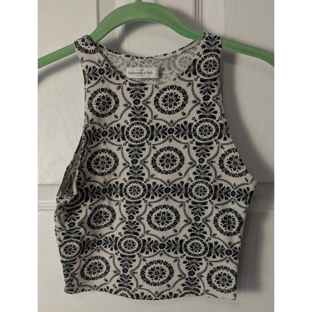 Abercrombie & Fitch Deep Armhole Cropped Tank Top XS Summer Beige Black Print
